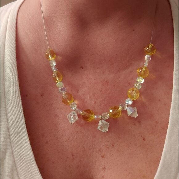 Handmade Necklace & Bracelet SET Glass Yellow Bead Clear Charm Iridescent spacer - Picture 2 of 3